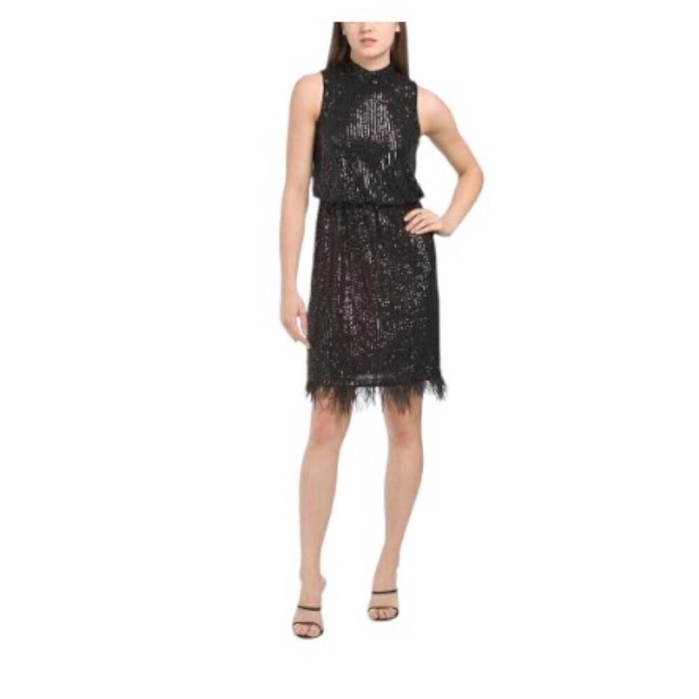 Nanette Lepore Womens Black Sequin High Neck Feather Trim Sheath Dress Sz 12 New